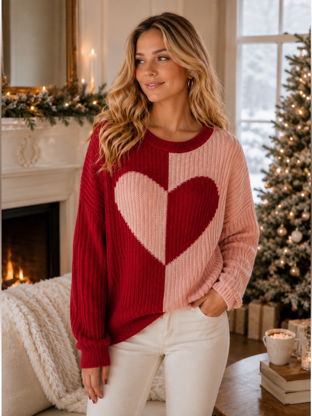 NWT Spring + Mercer Heart 100% Cashmere Colorblock Crewneck Sweater Luxe Warm